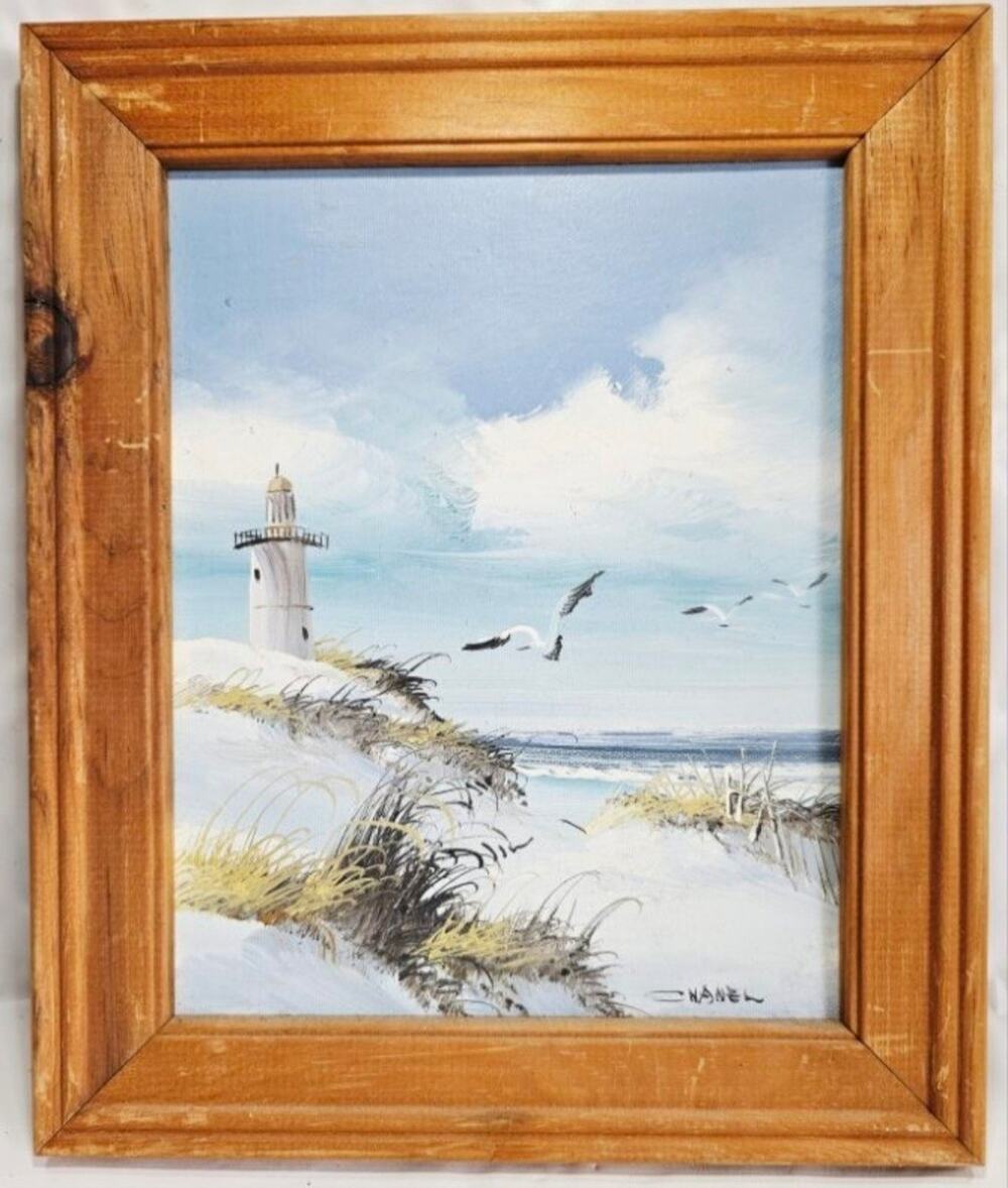 Vtg Framed Coastal Beach Lighthouse Scene Oil Painting Signed By Chanel 12.5×10.